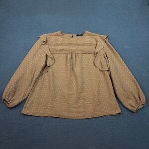 Fashion Blouse Women XL Brown Swiss Dot Ruffle Sleeve Lace Trim Peasant Top